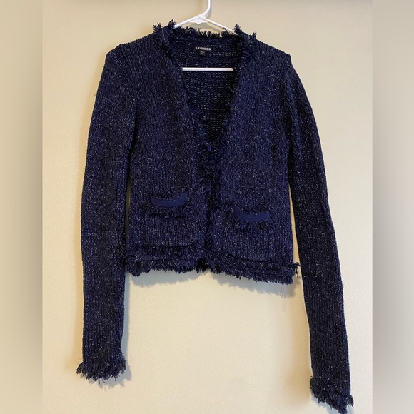 Express Women's Navy Blue Chunky Knit Fringe Trim Cardigan Sweater Size M - Picture 1 of 8
